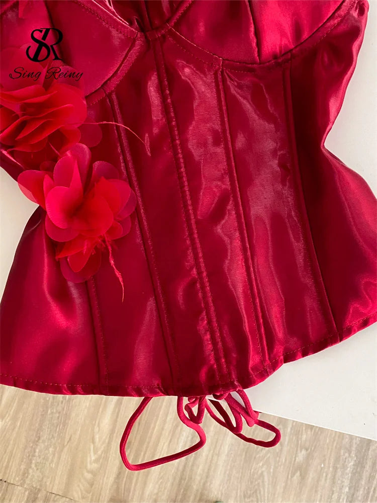 Red Satin 3D Floral Corset Top