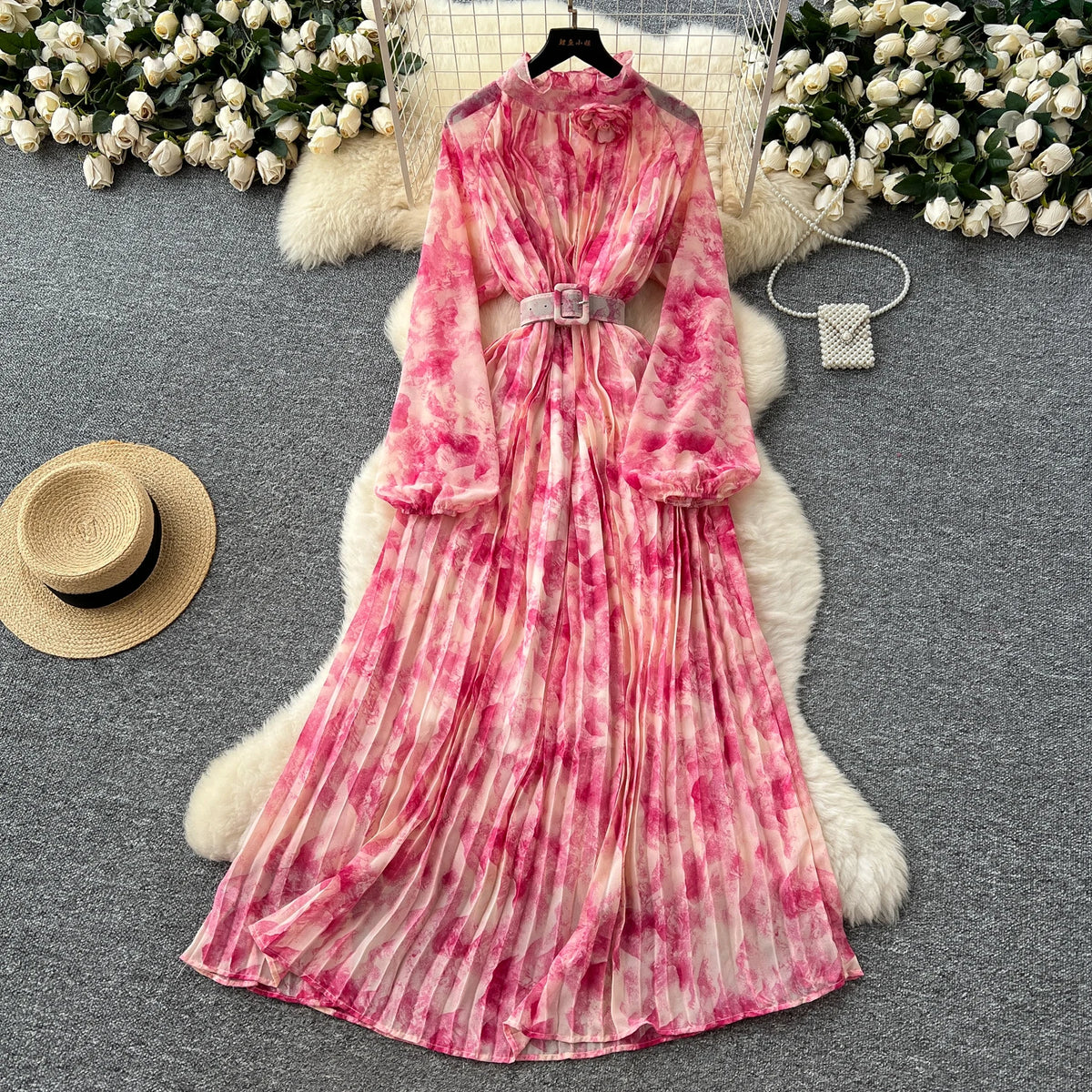 Pleated Print Lantern Sleeve Birthday Dress