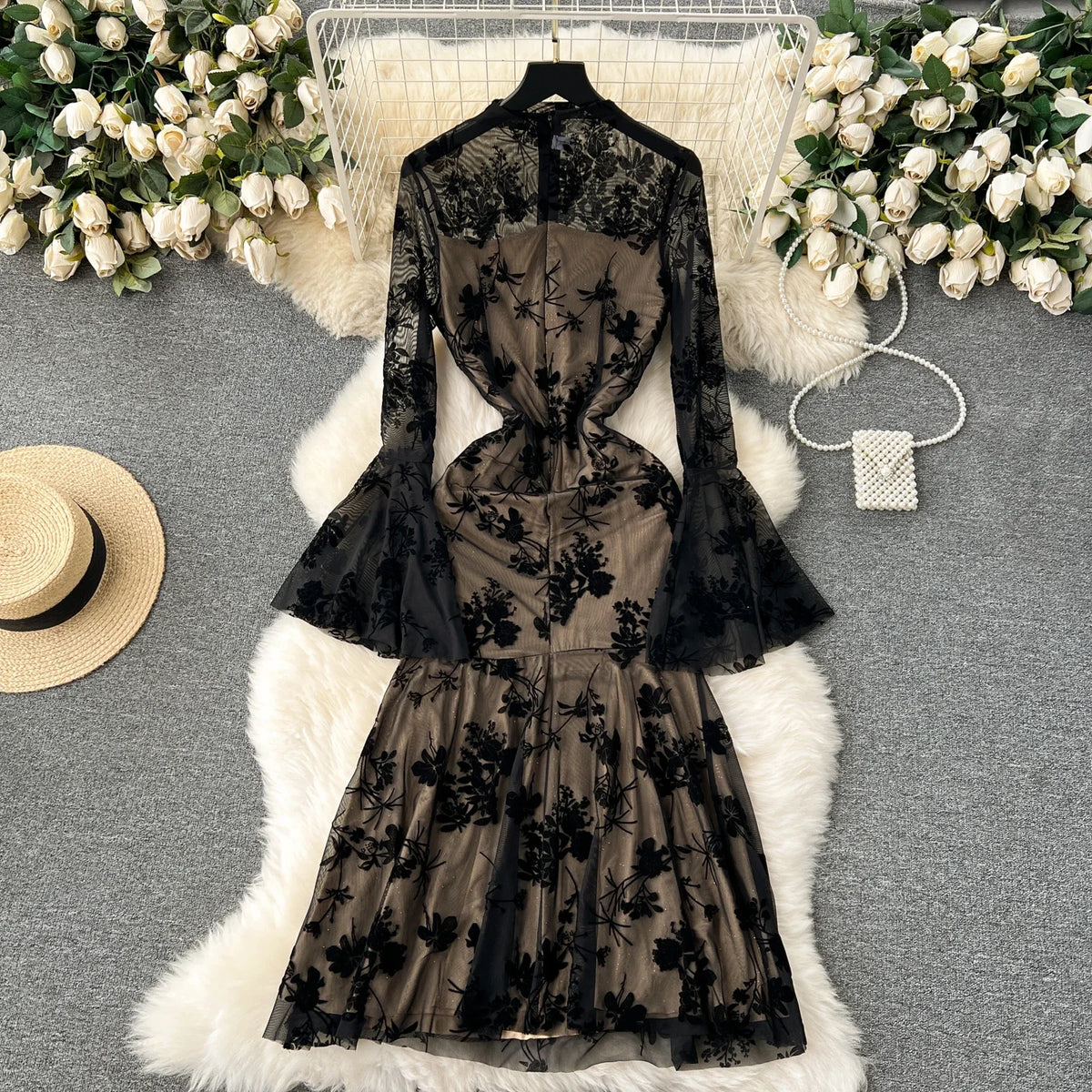 Mesh Print Flare Sleeve Mermaid Dress