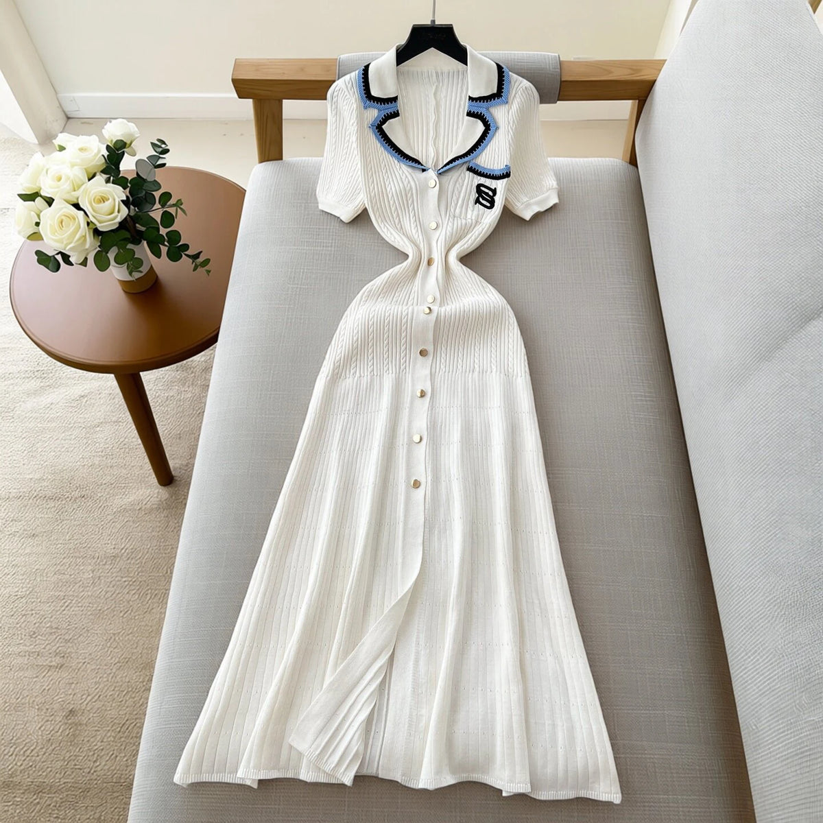 Embroidered Short Sleeve Knit Maxi Dress