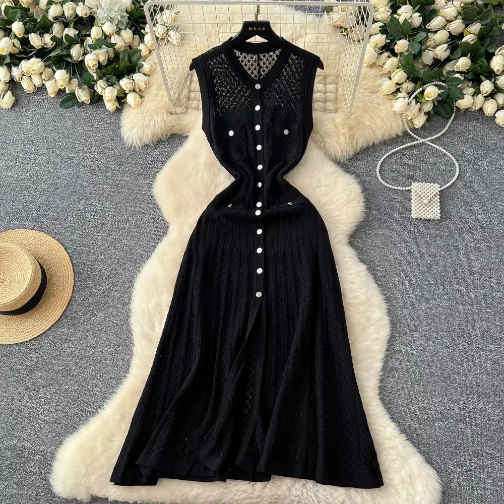 Crochet Knit V-Neck Sleeveless Long Dress