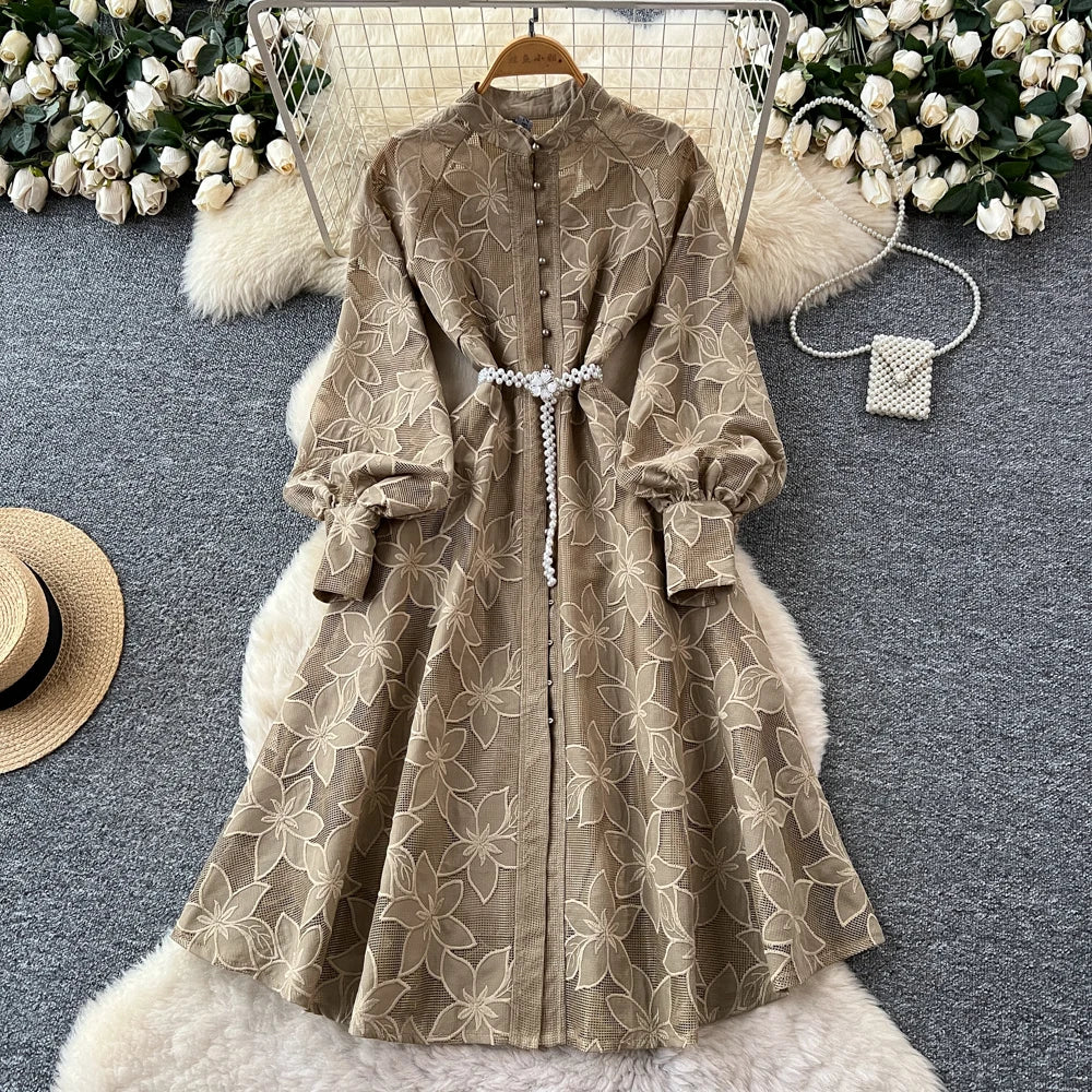 Hollow Out Button Crew Neck Long Sleeve Dress