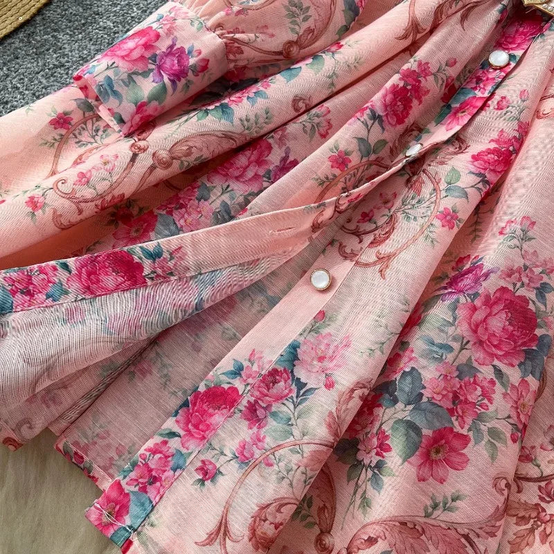 Vintage Print Notched Neck Sash Dress