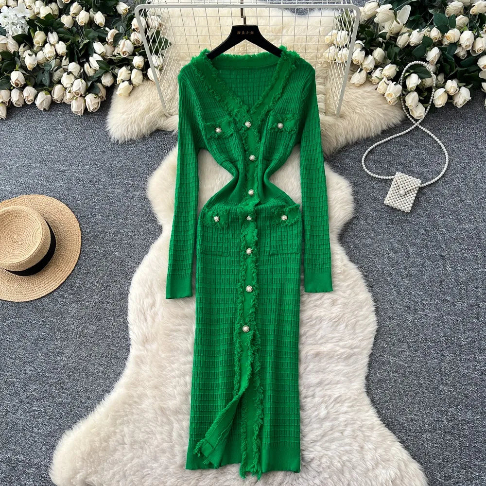 Pearl Button V-Neck Knit Bodycon Dress