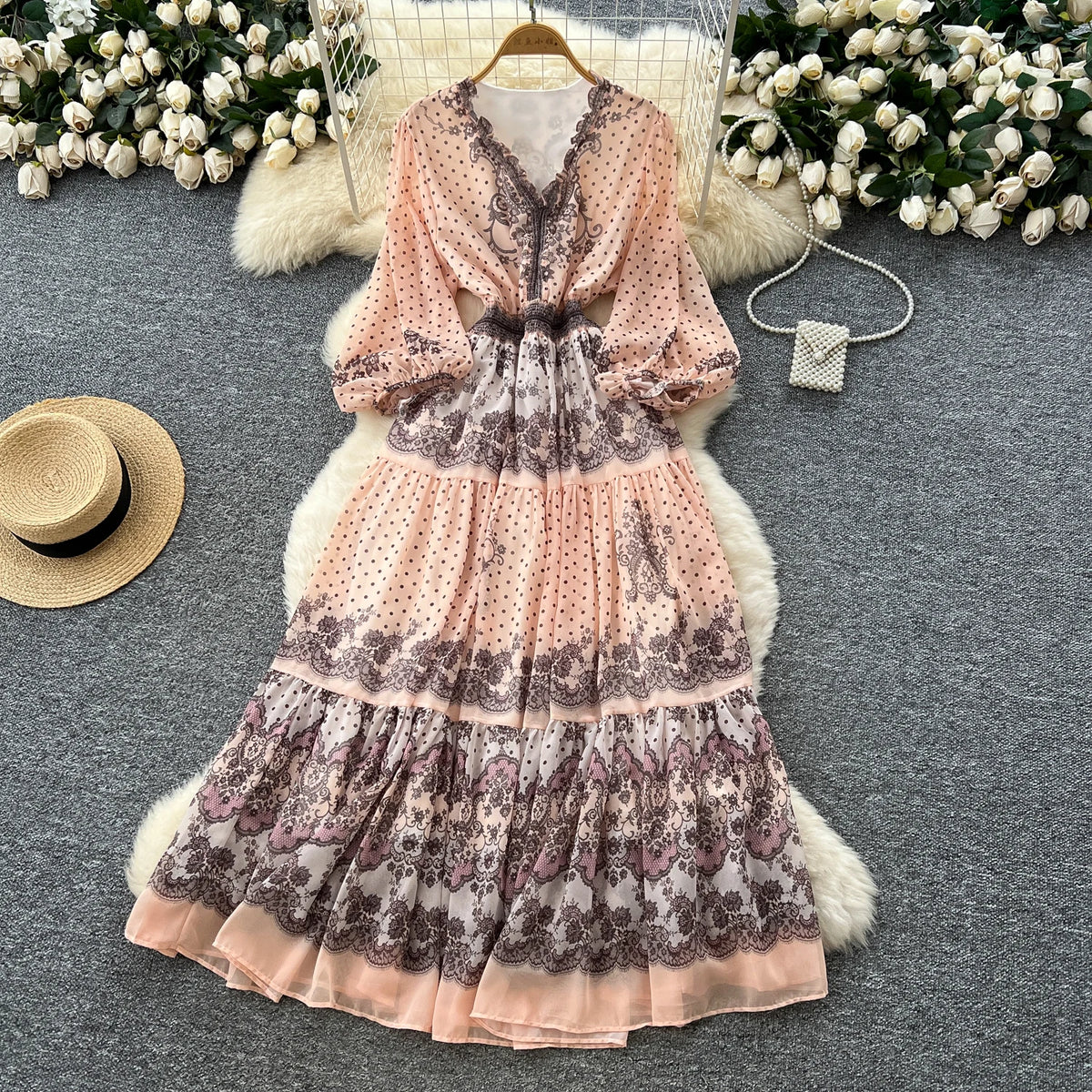 Slim Print V-Neck Long Sleeve Dress