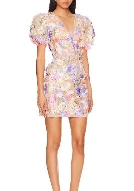 Embroidered Mesh Puff Sleeve A-Line Dress