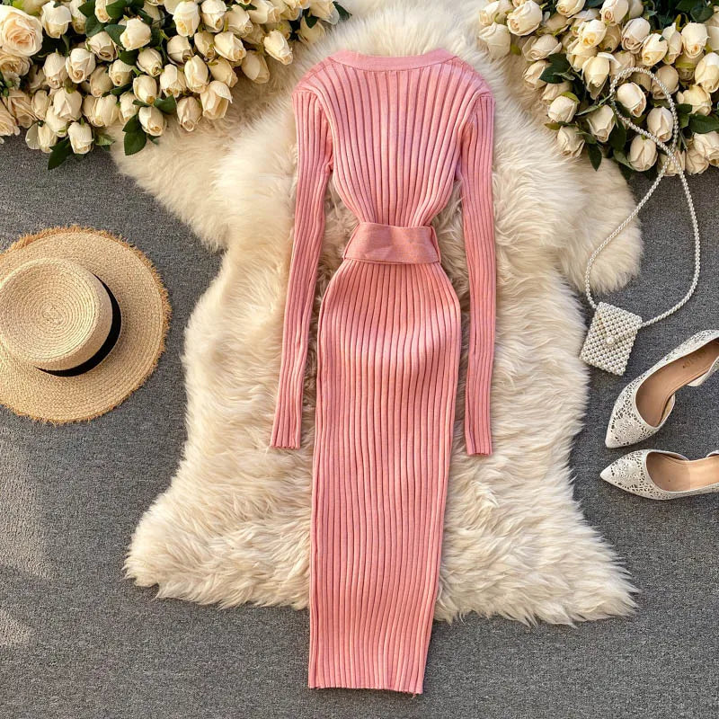 Belted V-Neck Knit Sweater Dress