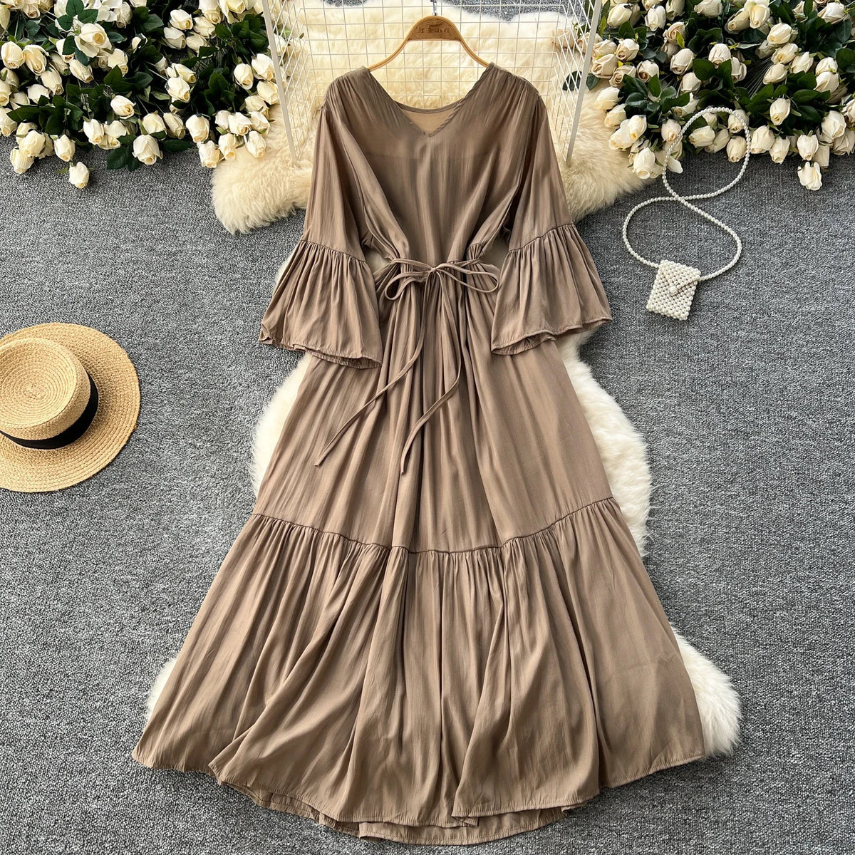 Print Ruffle Flare Sleeve Maxi Dress