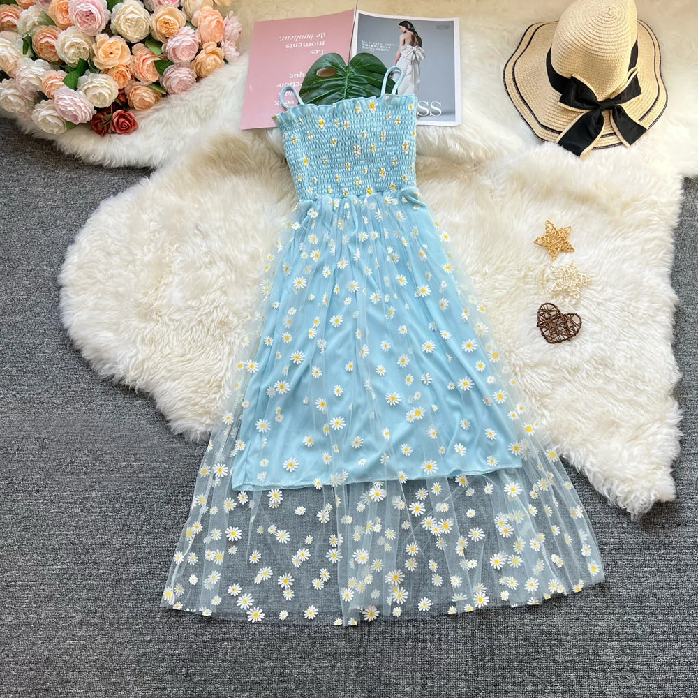Daisy Print Layered Mesh Maxi Dress