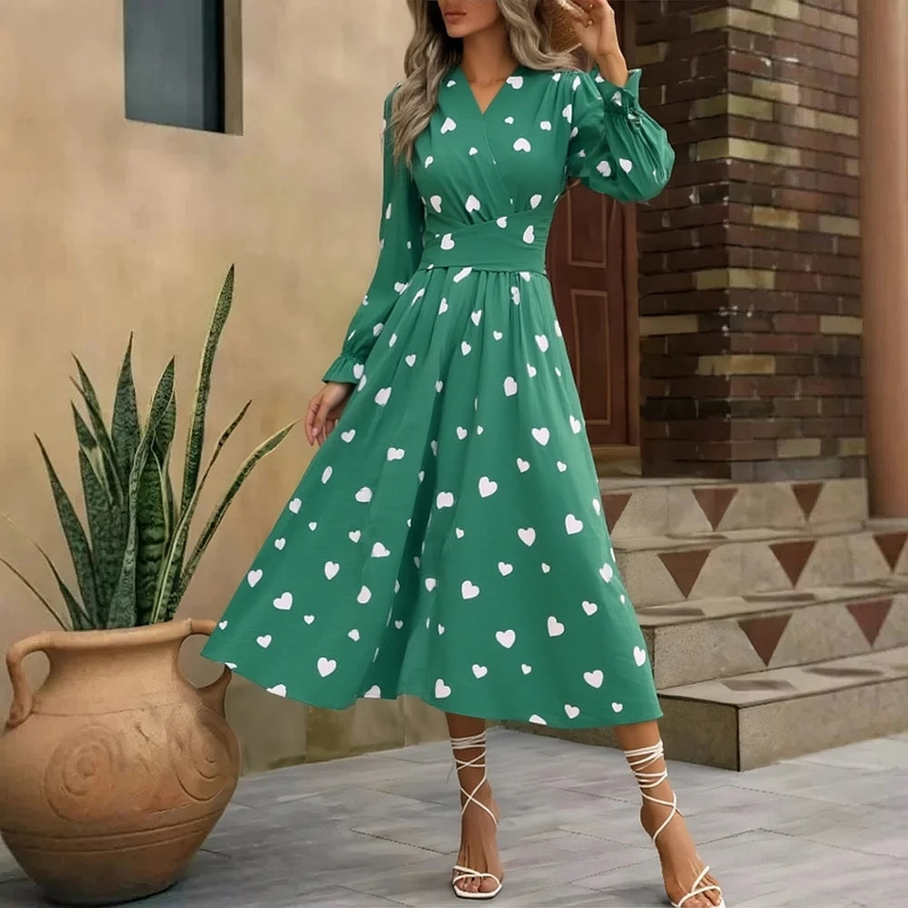Heart Print Long Sleeve Maxi Dress