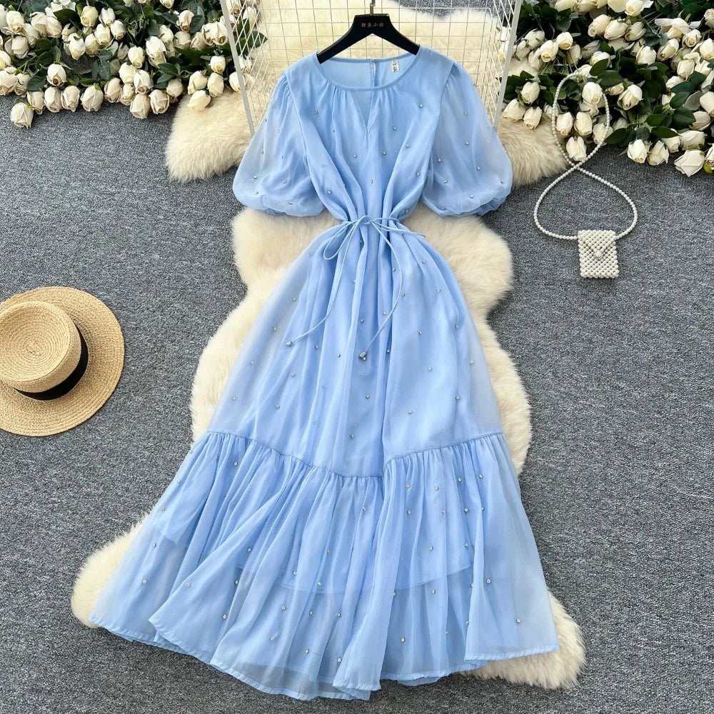 Rhinestone Mesh Lantern Sleeve Long Dress