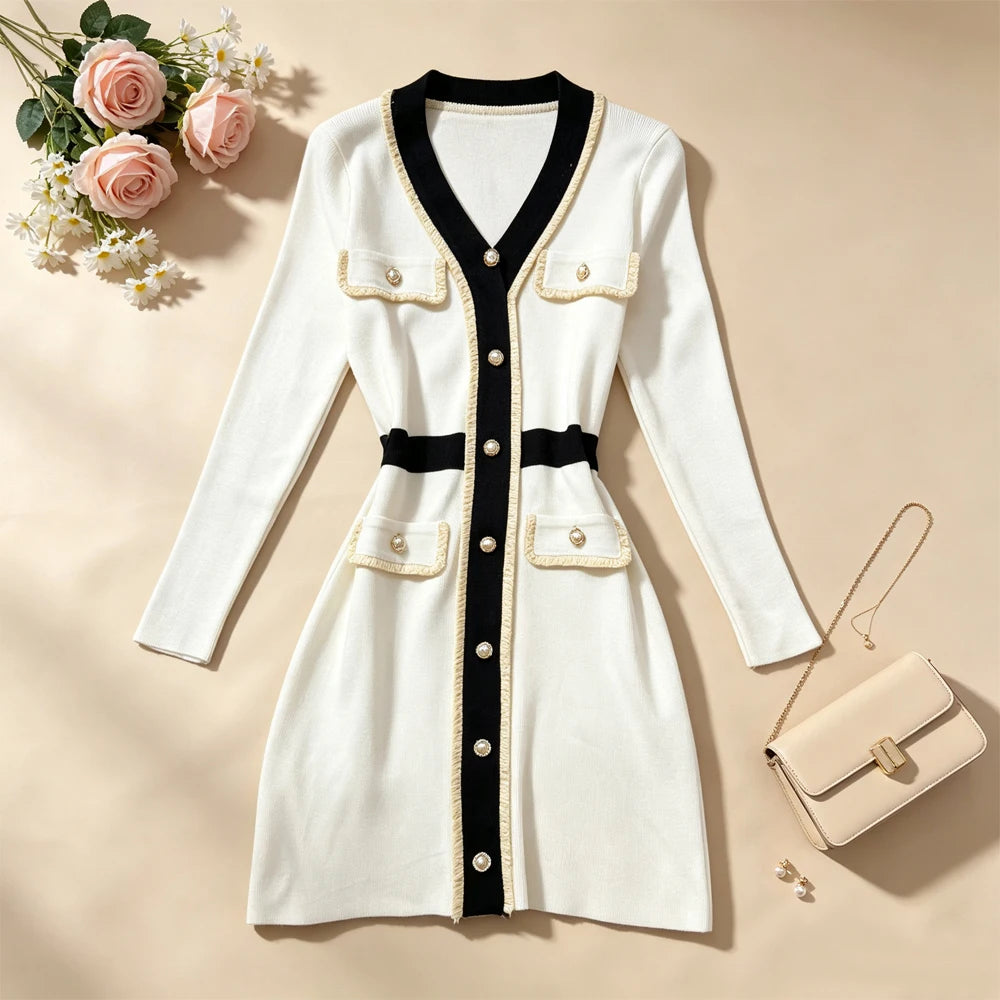 Black And White Slim Waist Knit Mini Dress