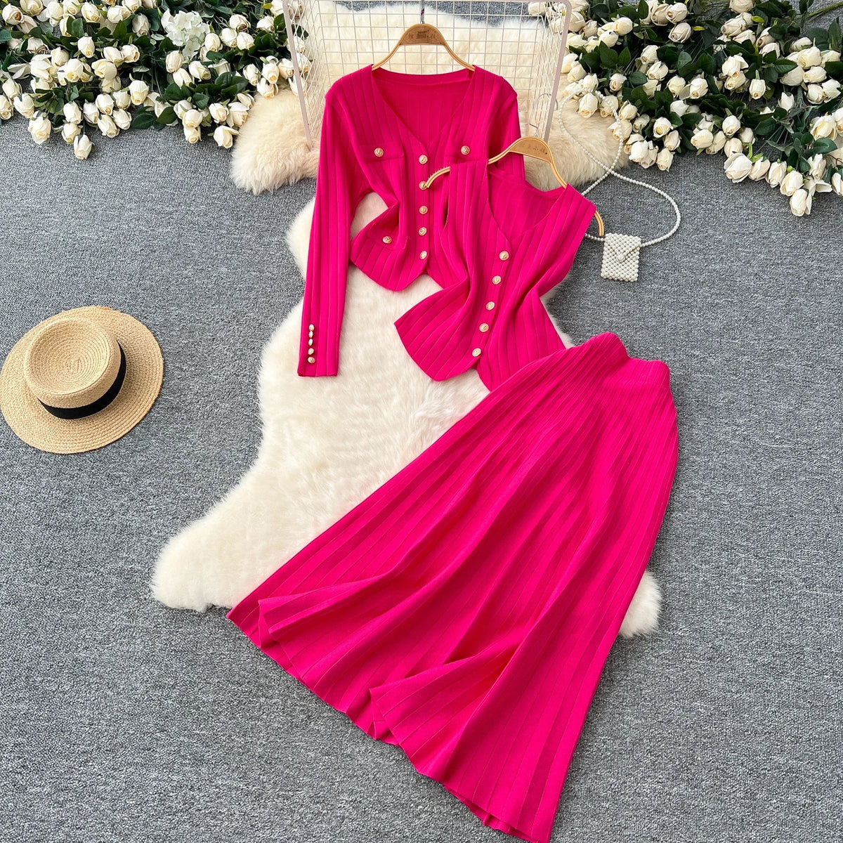 Knit Vest Cardigan and Skirt Three Piece Set