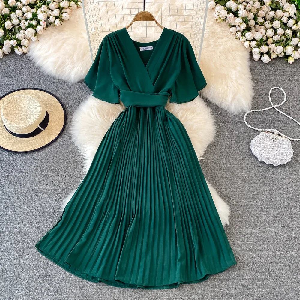 Pleated Lace-Up V-Neck A-Line Sundress