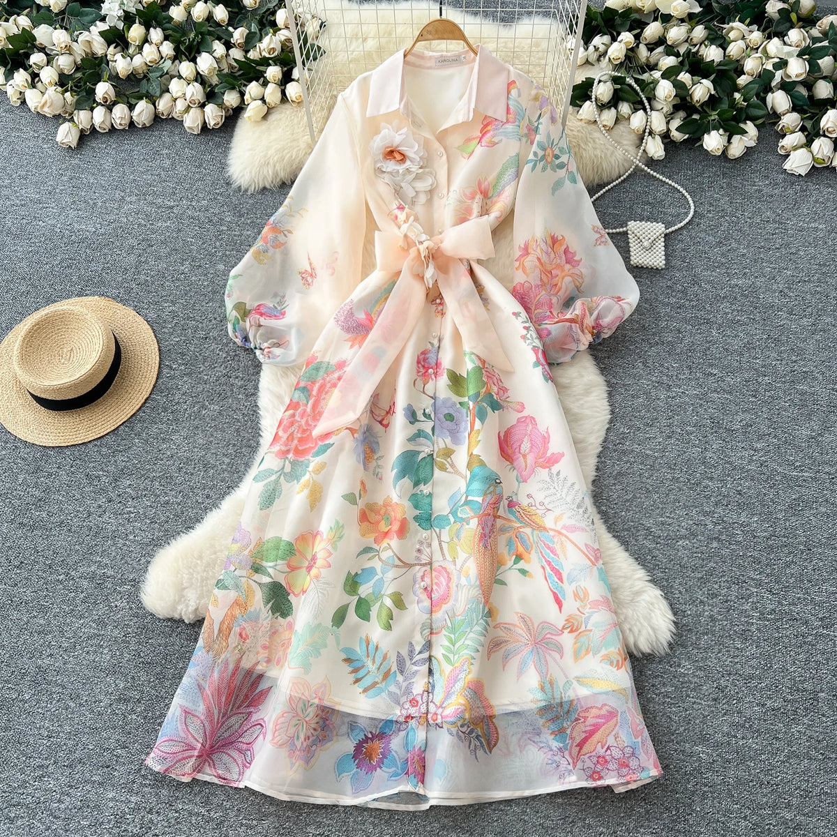 Print Puff Sleeve 3D Flower Dress