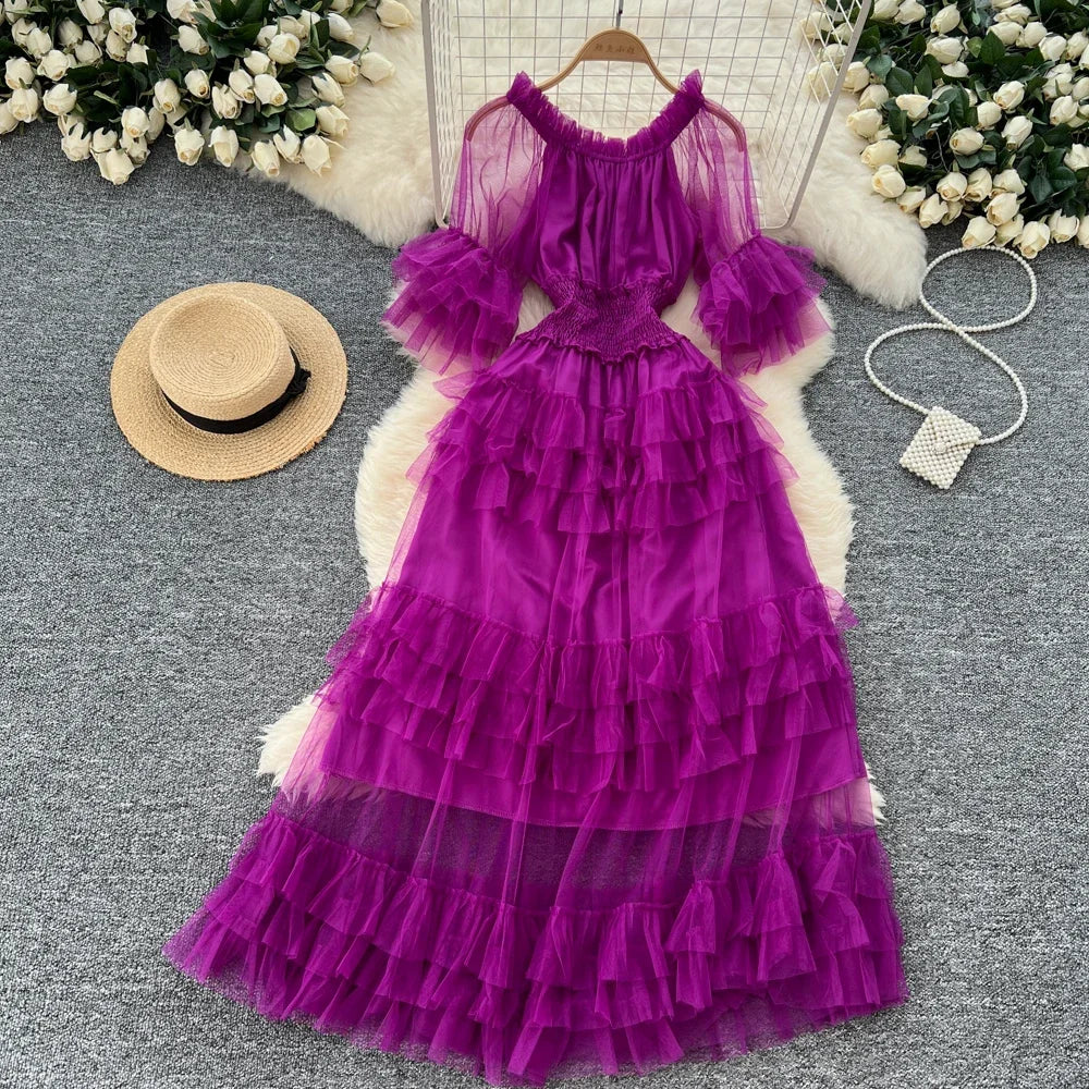 Pleated Mesh Flare Sleeve Dress