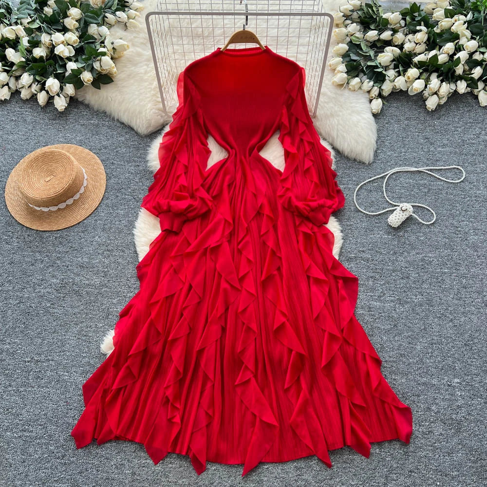 Ruffle Long Sleeve A-Line Evening Dress