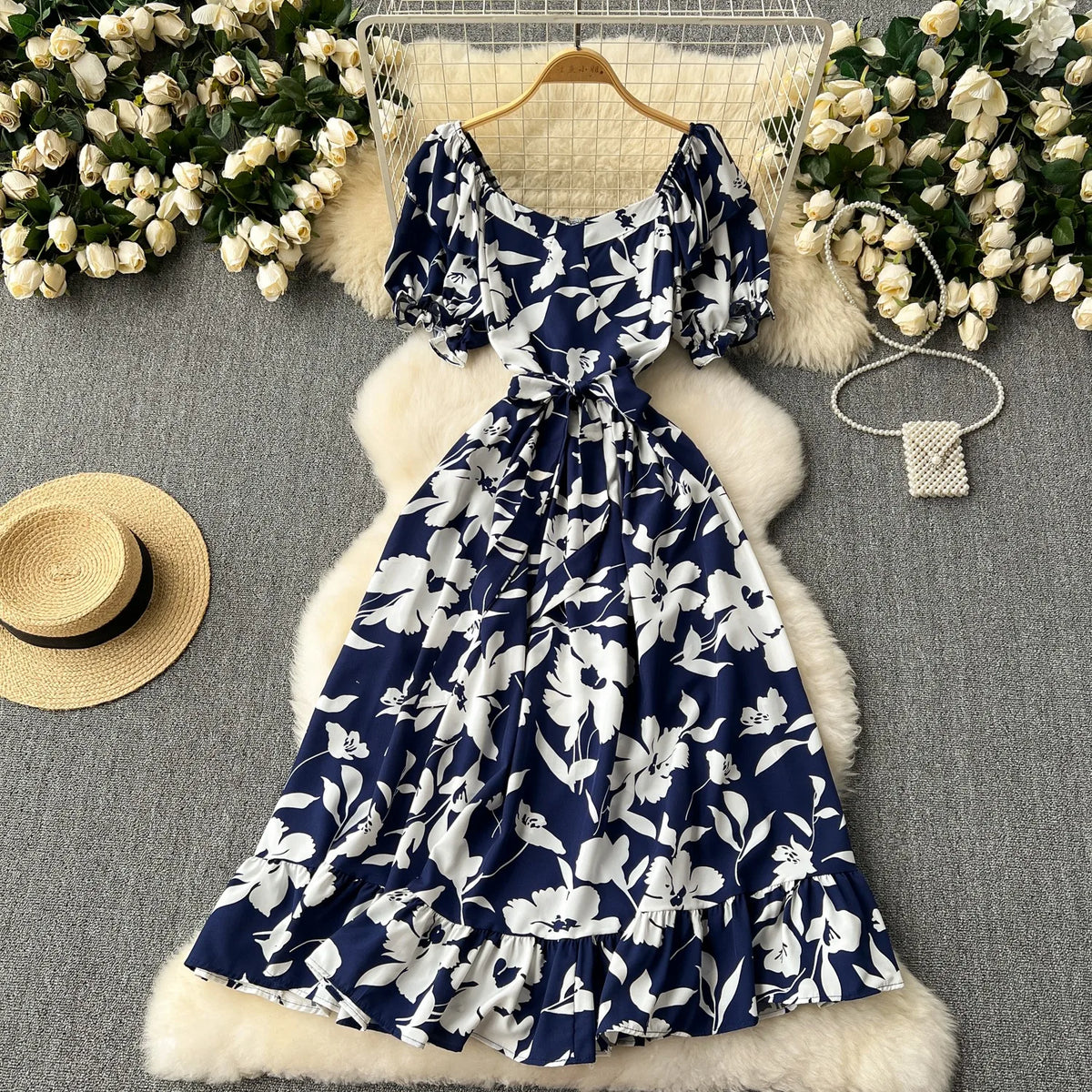 Floral Puff Sleeve Tie-Waist Maxi Beach Dress