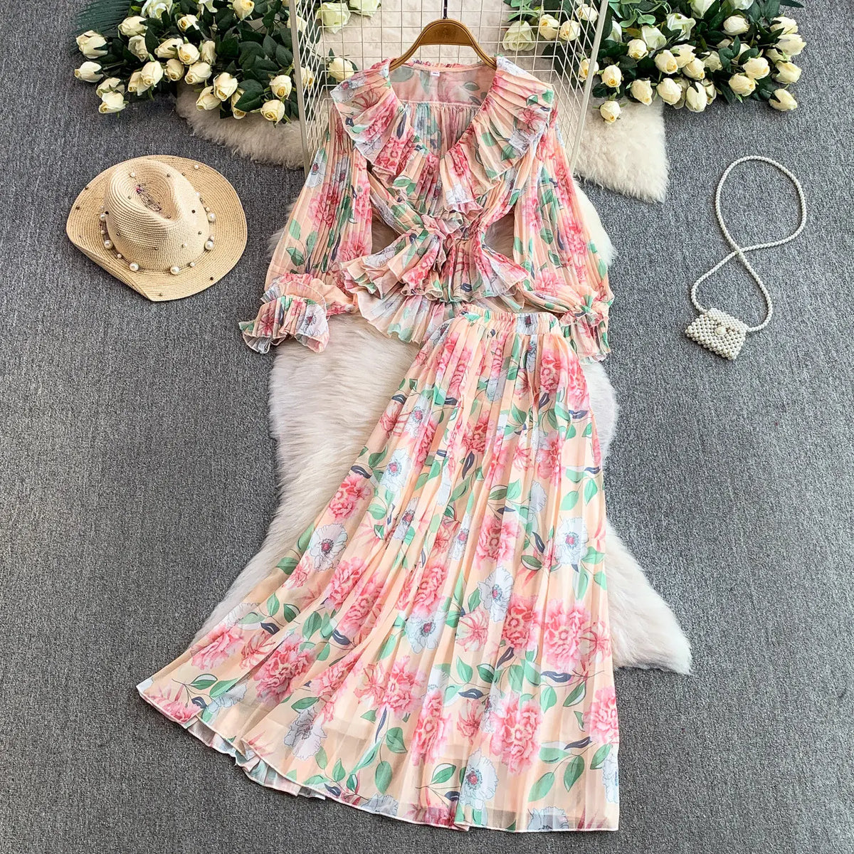 Ruched Print Long Sleeve Two-Piece Set
