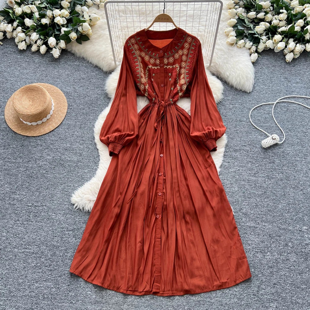 Embroidered Print Lace-Up Maxi Dress