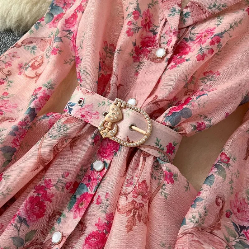 Vintage Print Notched Neck Sash Dress