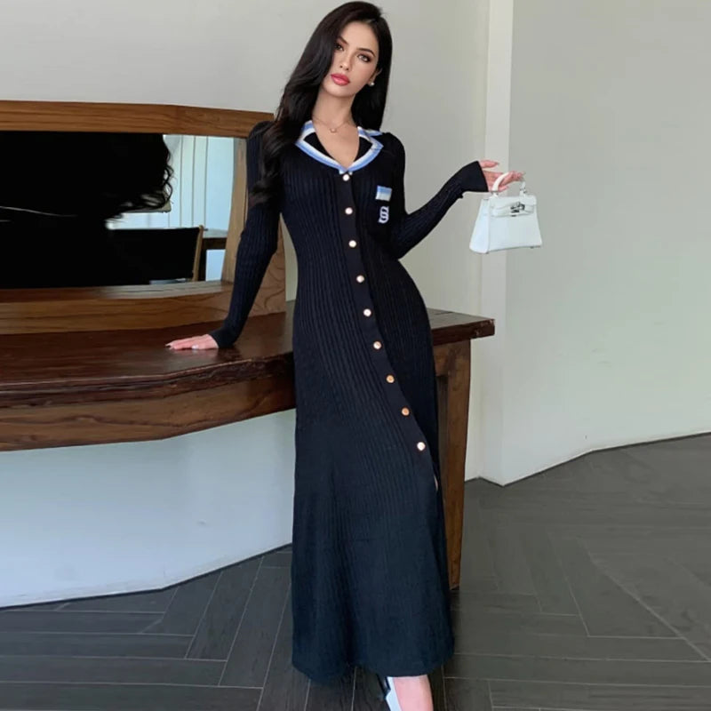 Embroidered Collared Knit Maxi Shirt Dress