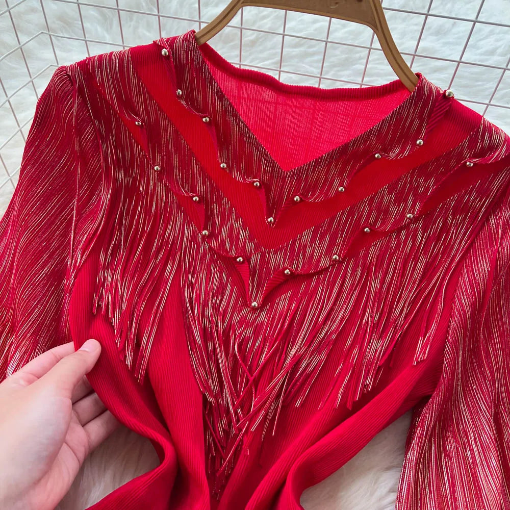 Tassel Puff Sleeve Slim Dress