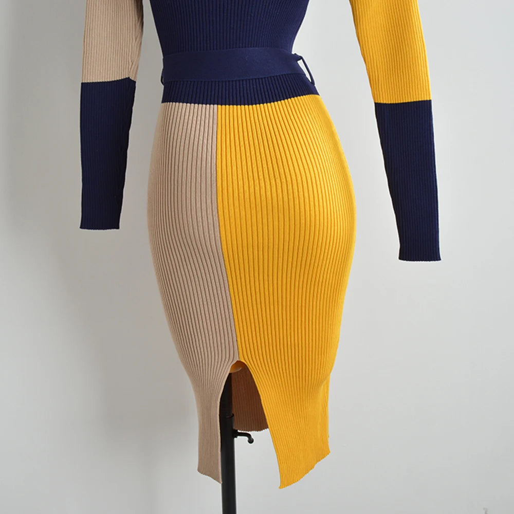 Belted Turtleneck Rib Knit Pencil Dress
