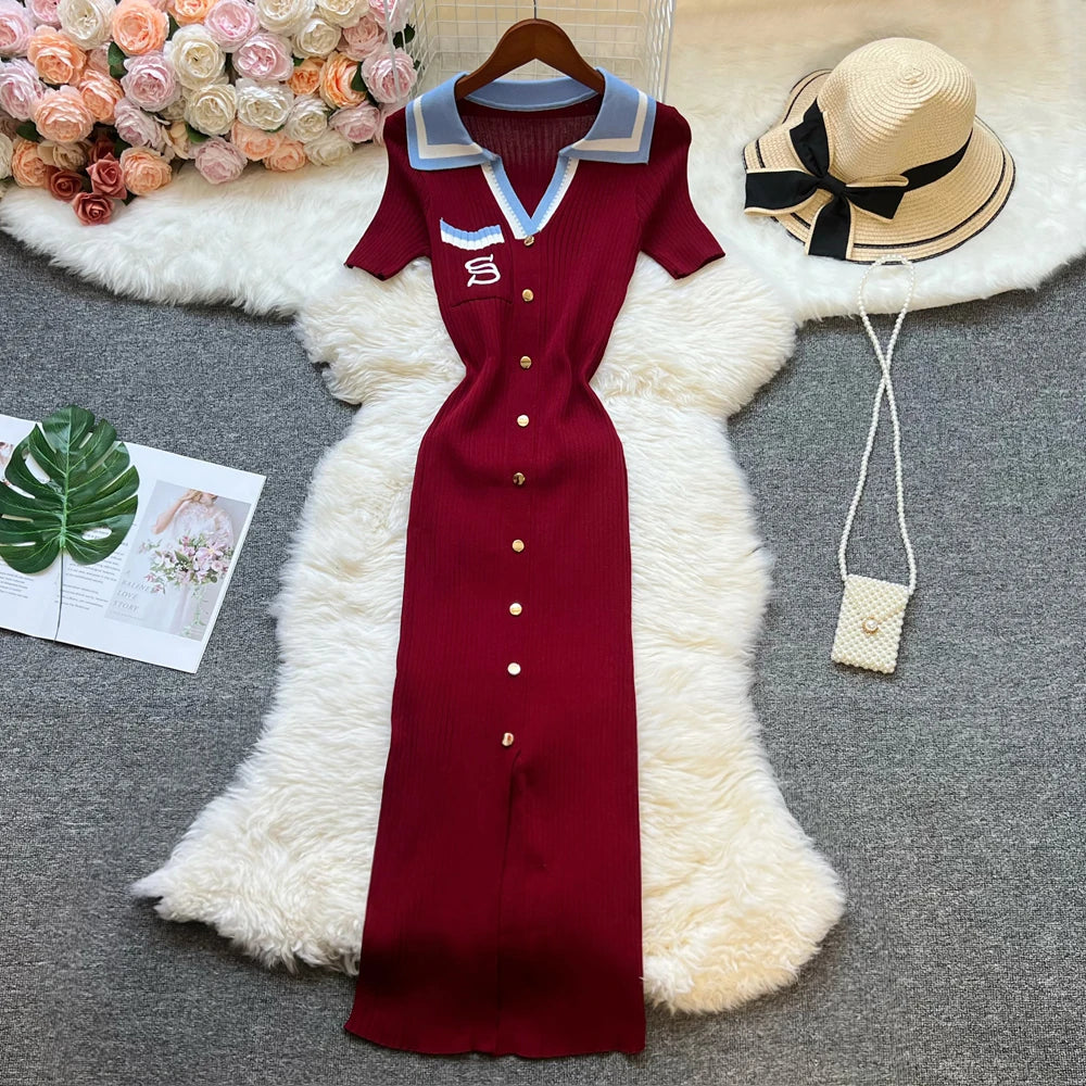 Embroidered Button Slit Knit Maxi Dress