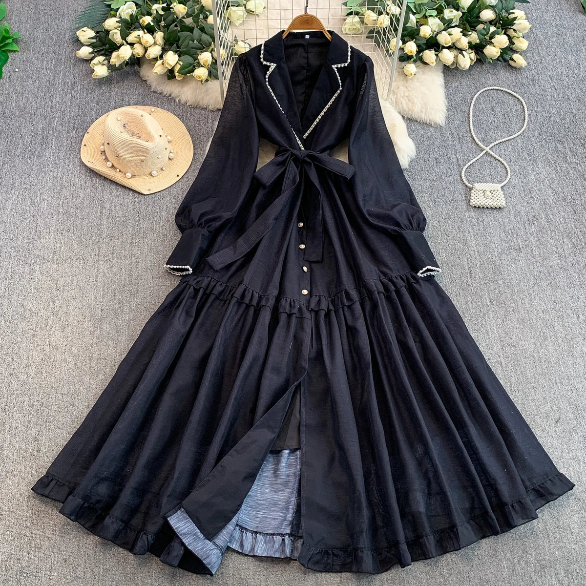 Solid Notched Neck A-Line Dress
