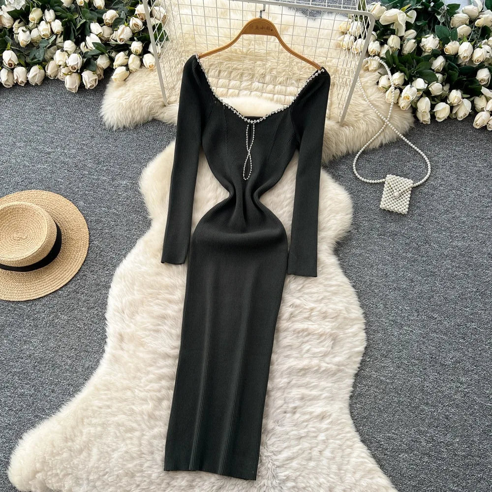 Rhinestone Long Sleeve Bodycon Maxi Dress