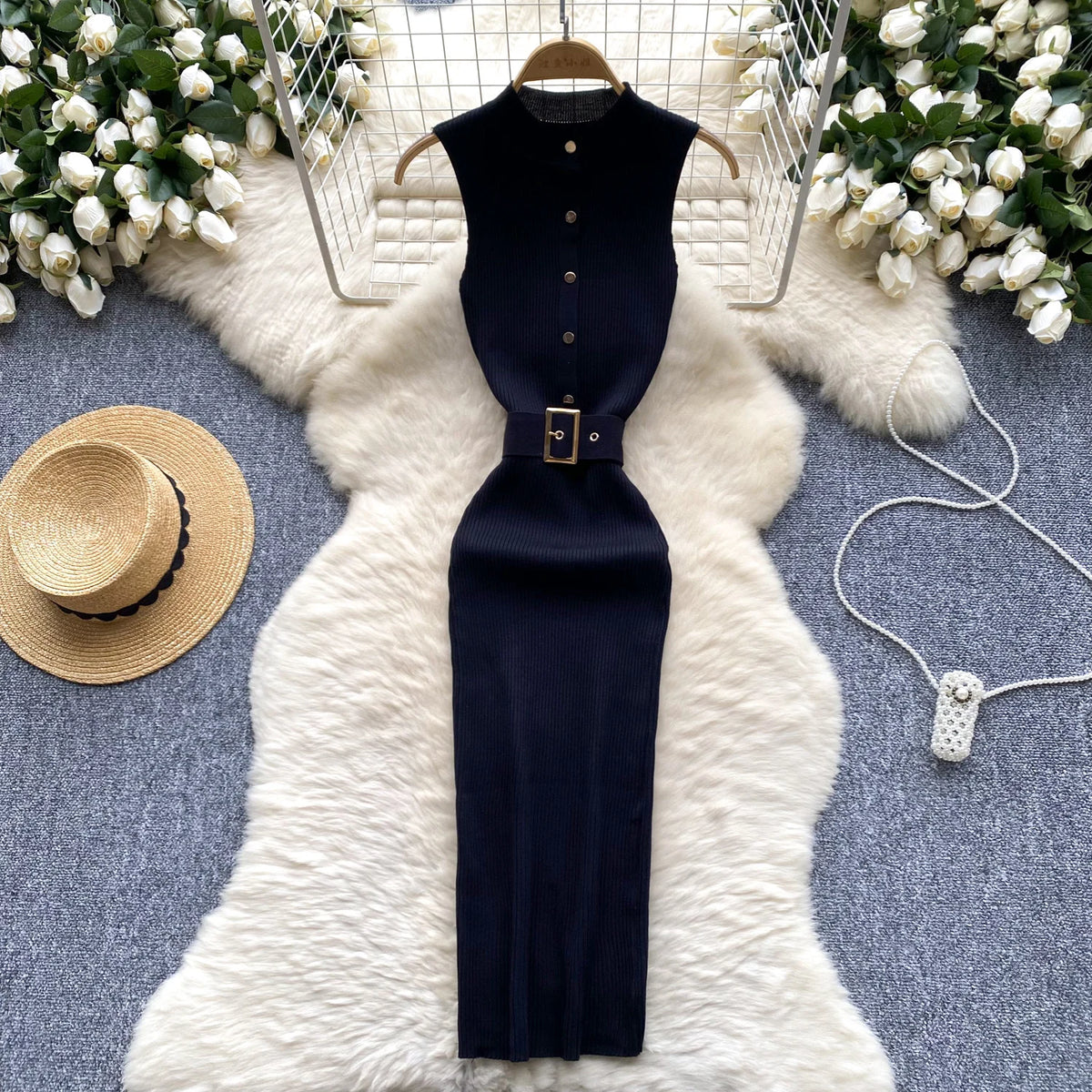Belted Knit Bodycon Maxi Party Dress