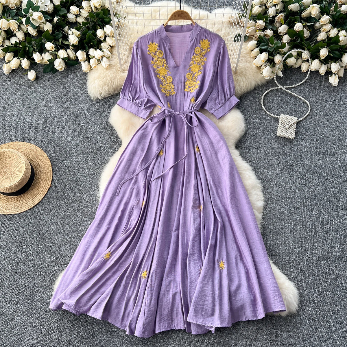 Embroidered V-Neck Puff Sleeve Beach Dress