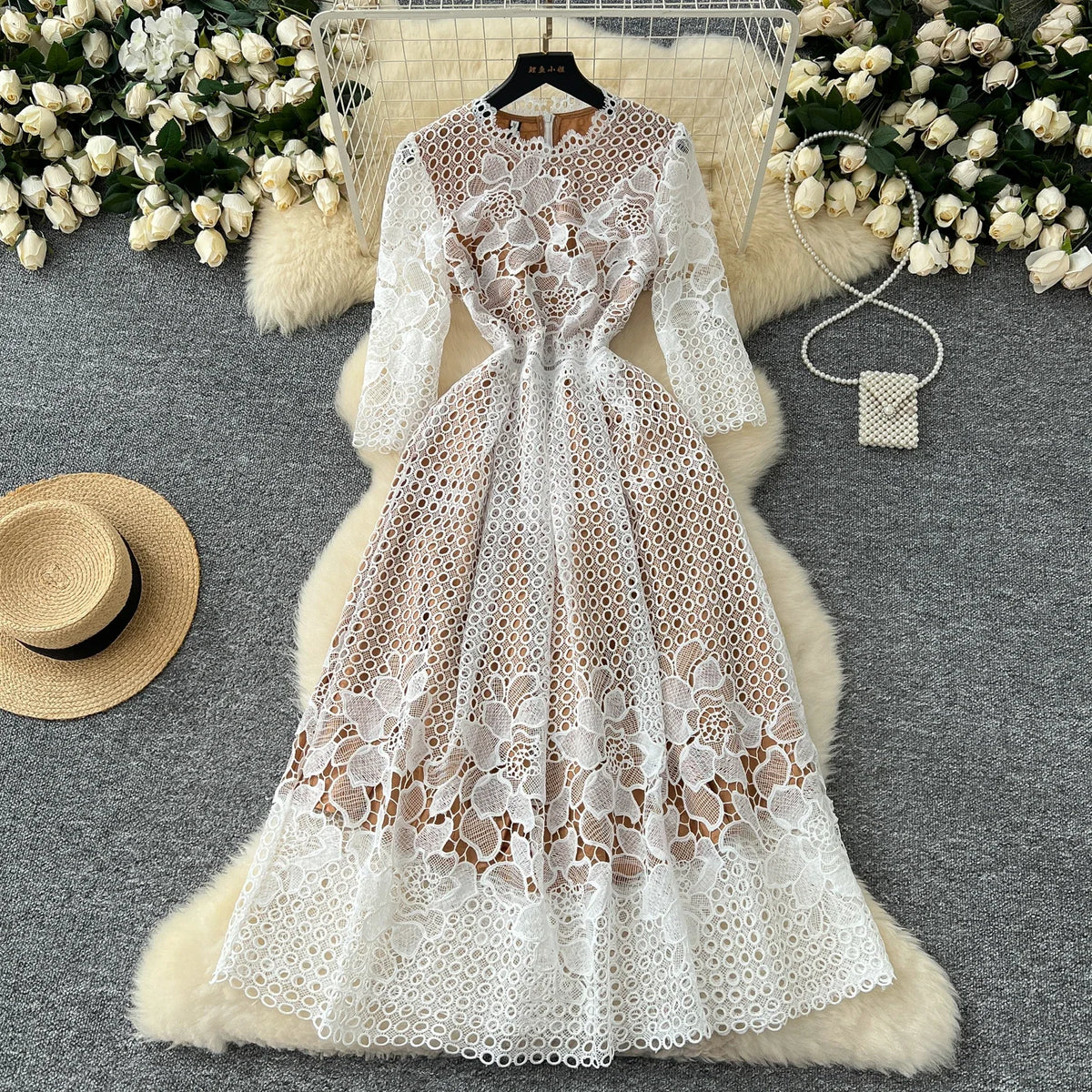 Crochet Floral Hollow Out Half Sleeve Dress