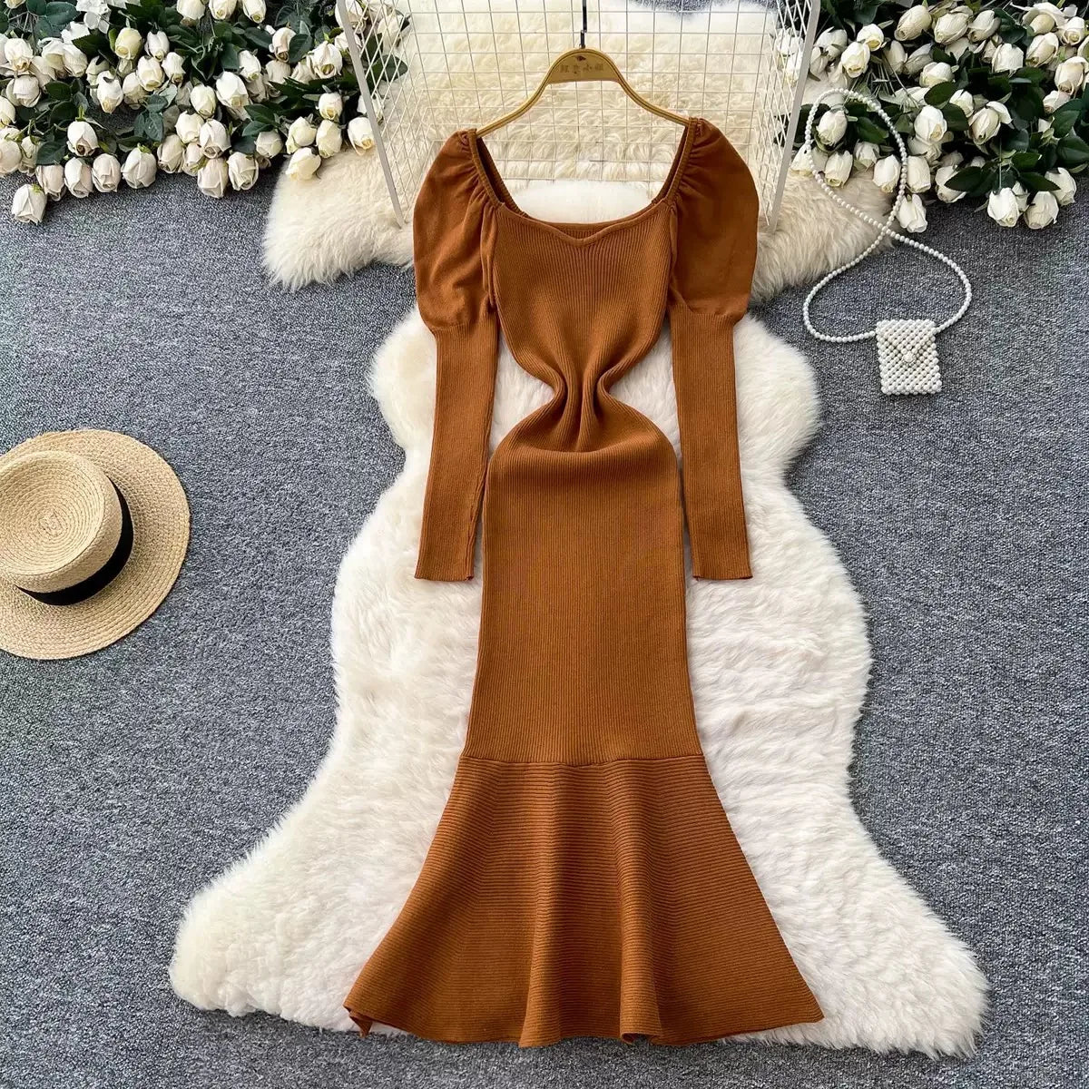 Long Sleeve Button Rib Knit Mermaid Dress