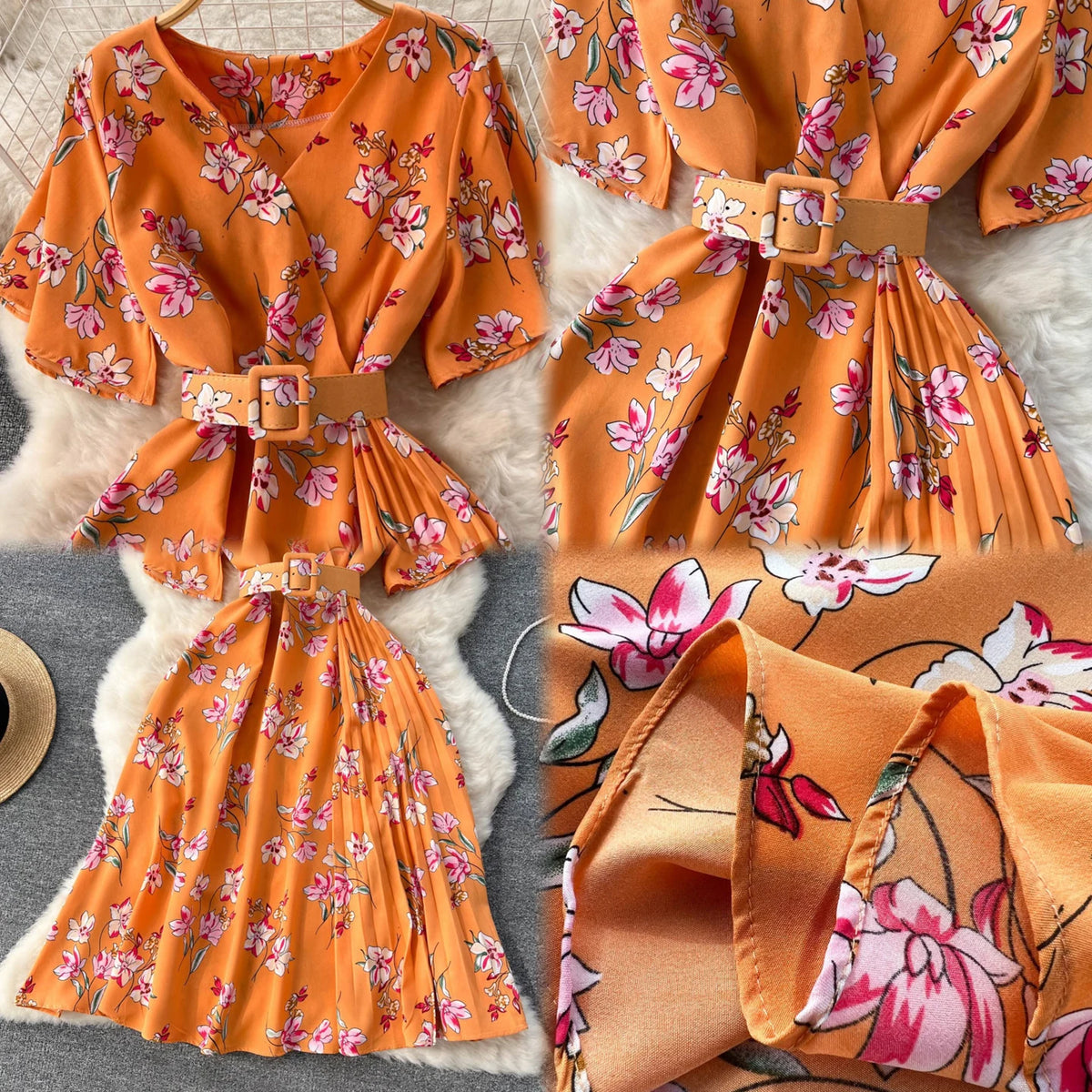 Vintage Floral Belted V-Neck Midi Dress
