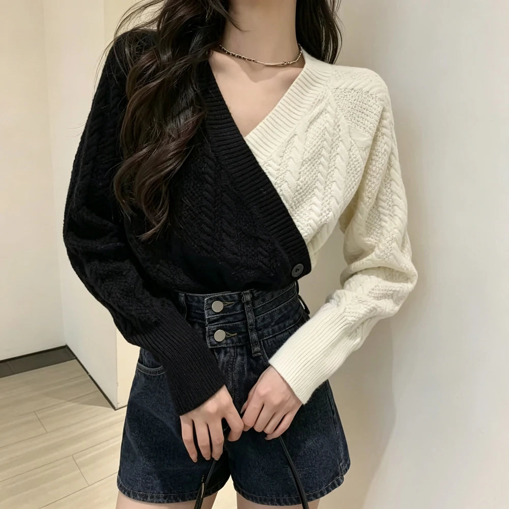 V-Neck Patchwork Knit Cardigan Top