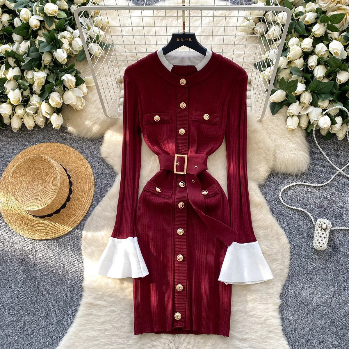 Belted Knit Bodycon Mini Dress