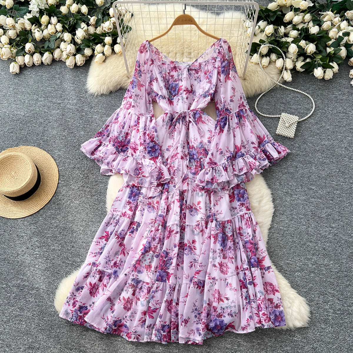 Pleated Print Flare Sleeve Long Dress