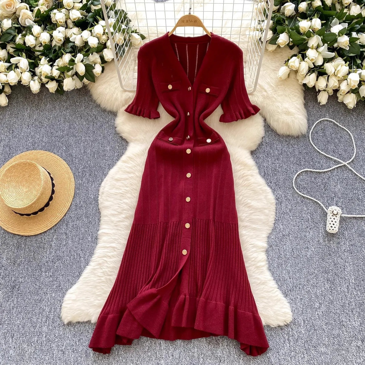 Vintage Ruffled V-Neck Knit Maxi Dress