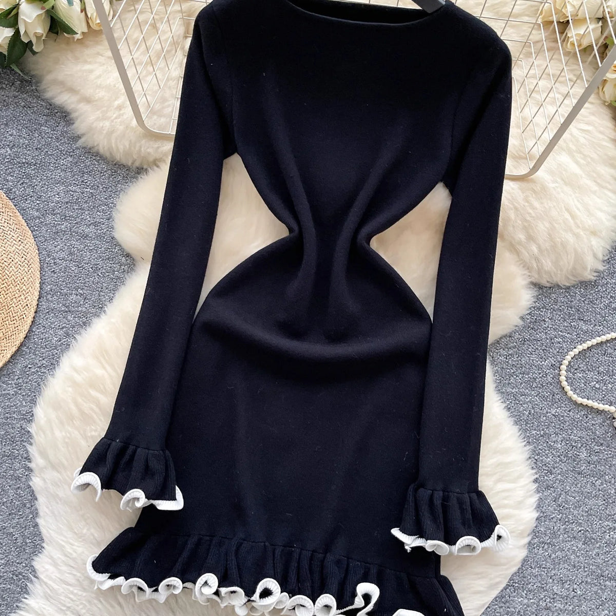 Crew Neck Ruffled Knit Bodycon Mini Dress