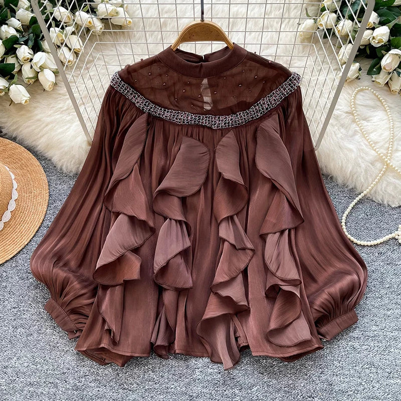 Lace Panel Ruffle Pullover Blouse