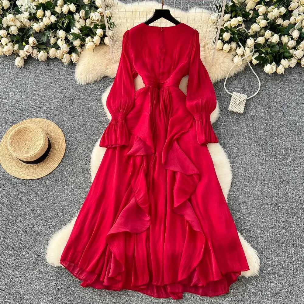 Lace Rhinestone Ruffle V-Neck A-Line Dress