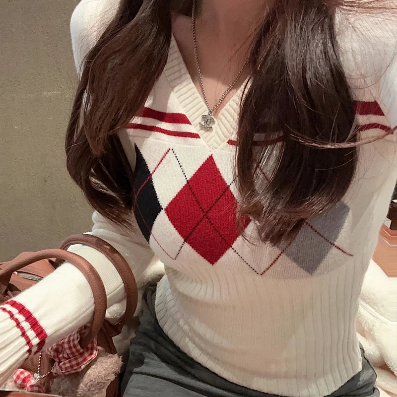 Geometric V-Neck Knit Sweater