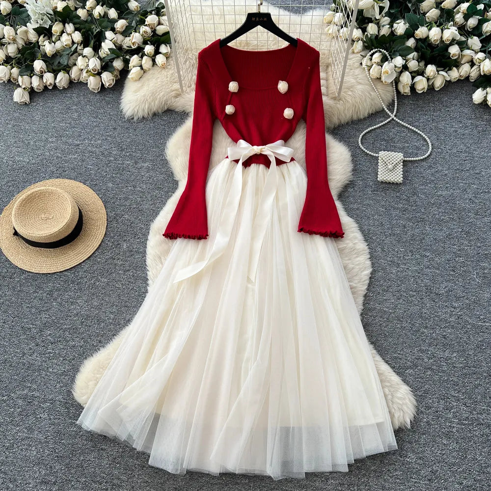 3D Floral Knit Mesh Square Neck Gown