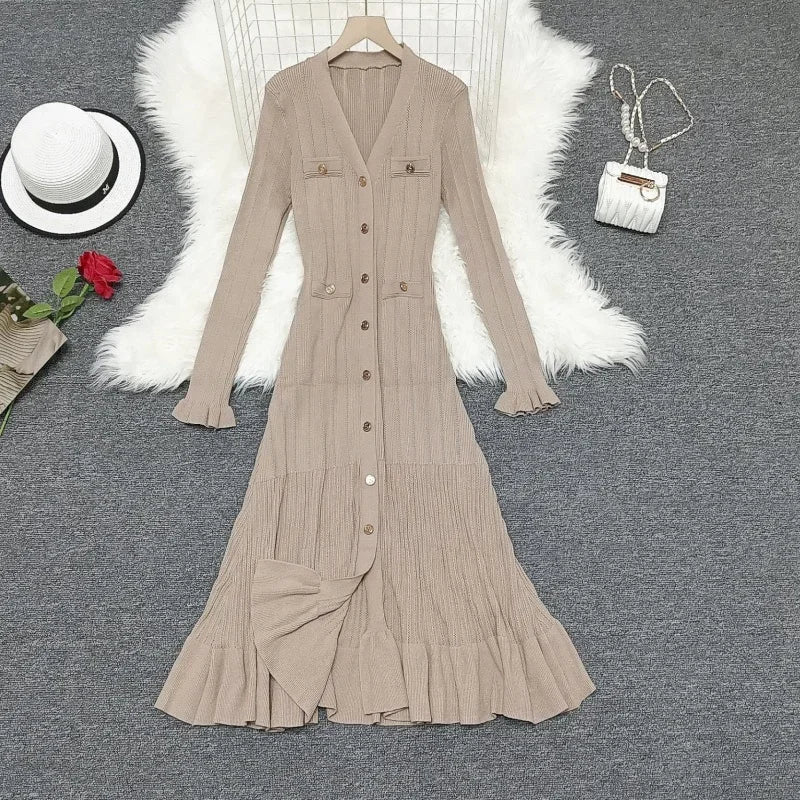 Ruffle V-Neck Button Front Dress