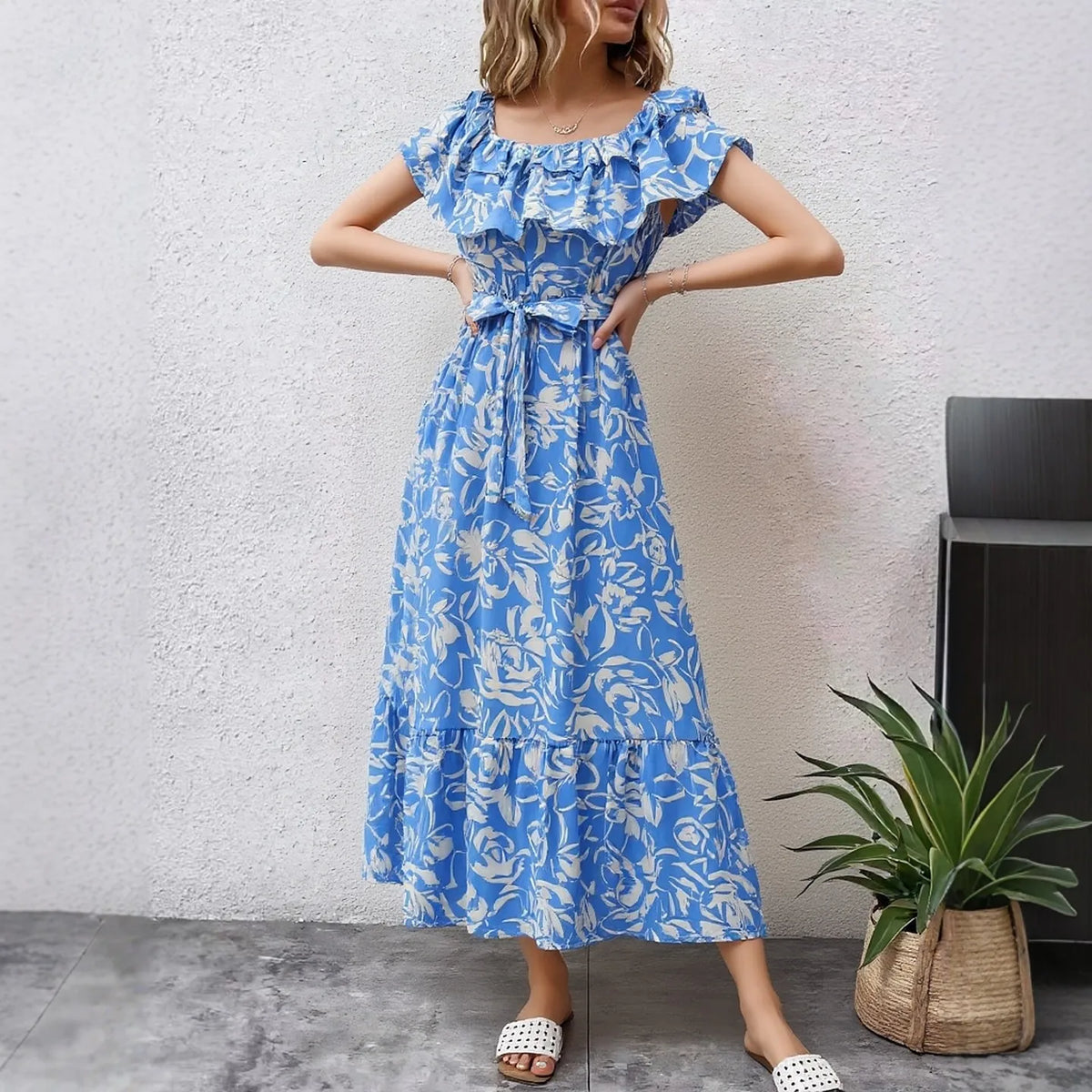 Off-Shoulder Floral Ruffled Maxi Dress