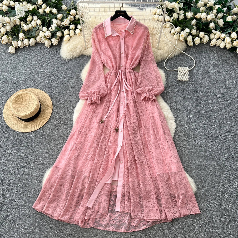 Beaded Collared Long Sleeve Dress