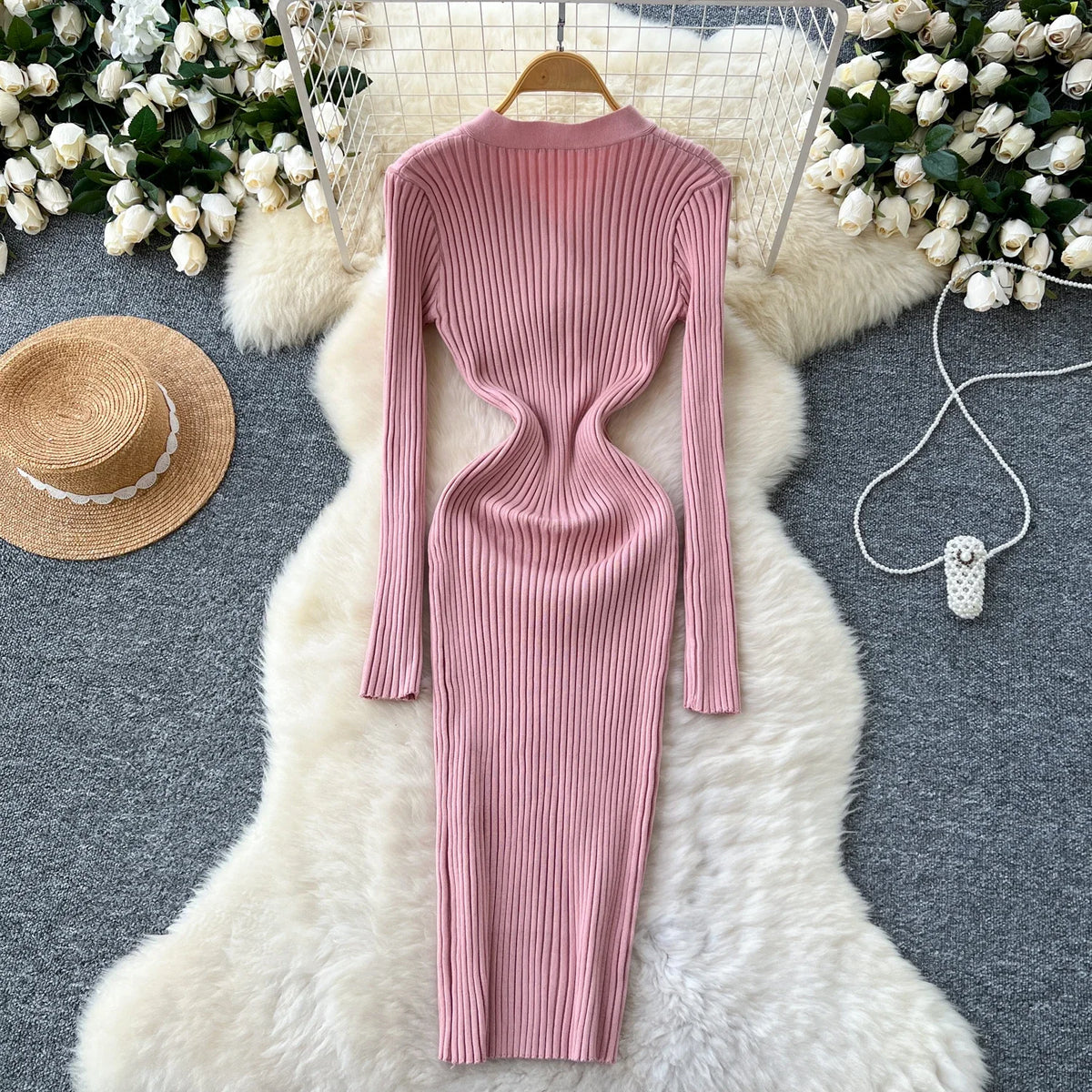 Button Front V-Neck Knit Dress