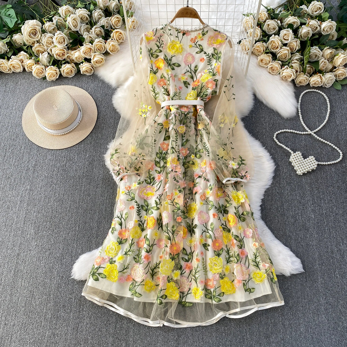 Embroidered Mesh Long Sleeve Evening Dress
